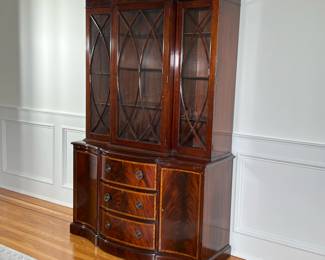 HATHAWAYS MAHOGANY HUTCH | Carved wood top over breakfront glass display with 4 shelves raised over 3 drawers flanked by 2 shelf cabinets on either side