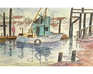 FISHING WATERCOLOR PAINTING | Showing docked boat with man standing by in a seaside fishing village. 7 x 11.25 in sight