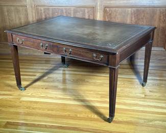 ANTIQE ENGLISH LIBRARY DESK | Tooled gilt leather inset top, two drawers