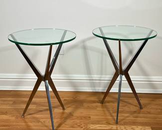 (2PC) PAIR GLASS SIDE TABLES | Pair of circular glass nightstands with metal tripod legs