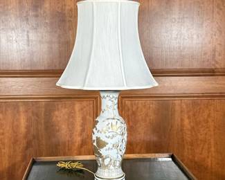 ANTIQUE CERAMIC LAMP | Antique white vase lamp decorated with gilt flowering tree and birds