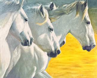 SIGNED HORSE OIL PAINTING | Showing close up of horses galloping in a field, signed bottom right, 25.5 x 25.5 in sight