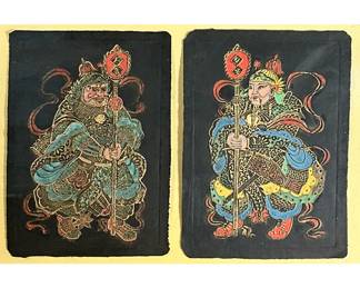 CHINESE EMBOSSED PAINTED SILK FIGURES | Floating in the frame 11 x 8 in., each sheet