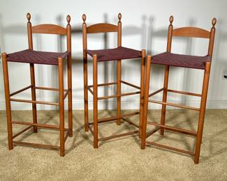 (3PC) TURNED & WOVEN STOOLS | Turned wood stools with curved back and woven cotton seats