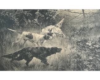 “STEADY” HUNTING DOGS LITHOGRAPH | w. 25.5 x h. 19 in (frame)