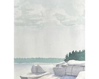 SIGNED LAKESIDE WATERCOLOR PAINTING | Watercolor painting showing rocky shore of a late with forest in background, signed lower right 11.5 x 8.5 in sight