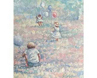SIGNED & FRAMED PRINT | Colorful print showing children with balloons playing & swinging on a swing, signed & dated lower right, 15 x 11in sight
