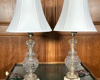 PAIR ANTIQUE CUT CRYSTAL LAMPS | h. 30 x dia. 16 in (over shade)