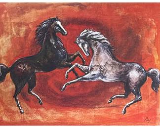 MAY SIGNED PRINT | Horses colliding 16 x 20.5in sight Print on paper Signed on bottom “May” 