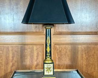 ANTIQUE PAINTED METAL LAMP | Painted metal pedestal lamp decorated with gold torches & wreaths