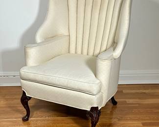 QUEEN ANNE STYLE WING BACK CHAIR | Having curved winged back with rounded arms over carved cabriole legs, upholstered in diamond & dotted pattern