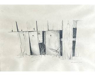 KATHY PETERS CHARCOAL ART | Side of a barn Charcoal & pencil on paper 9.5 x 13.5 in sight Signed bottom right “kathy peters 1972”
