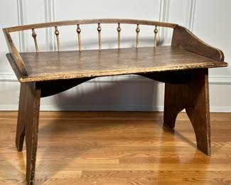 CARRIAGE SEAT BENCH | Antique wooden carriage seat turned into bench with turned wood back