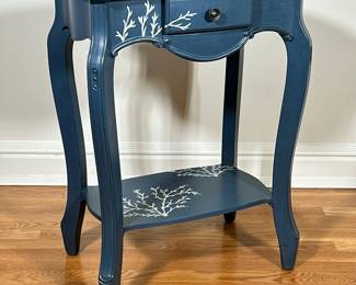 BLUE PAINTED SIDE TABLE | Carved & painted wood side table with small drawer over carved legs, painted blue and decorated with white branches