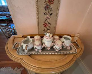 Vintage serving tray with vintage tea set