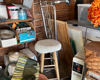Stool, heater, clay planters, picnic basket