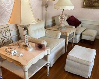 End Tables, cream chairs with ottomans