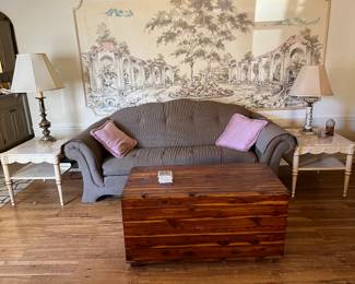 Sofa, French Provincial end tables, cedar trunk