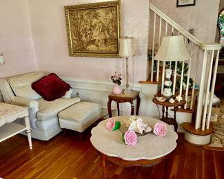 Cream Chair with Ottoman, Several small tables, decorative marble top table