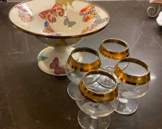Makenzie Childs Butterfly Garden Compote, Brandy & Cognac Glasses.
