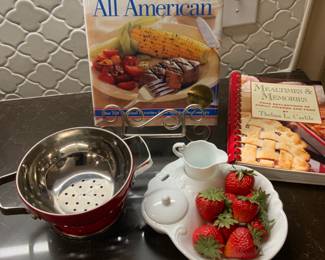 Berry Server, Red Enamel Strainer