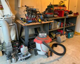 TOOLS! Metal Shelves, Multiple Shop Vacs, Professional Dust Collector, Paint Sprayers and more.