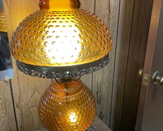 Vintage Amber Hobnail Hurricane lamp