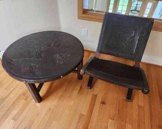 Leather Topped Coffee Table With Folding Leather Chair