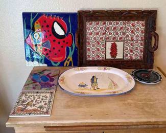 Various Kitchen Serving Dishes And Hand Painted Tile Decor