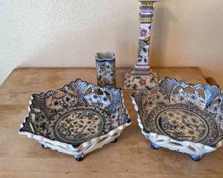 Coimbra Hand Painted Portugal Ceramic Dishes And Candle Holder
