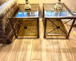 Mastercraft Aged Brass & Glass Tiered End Tables