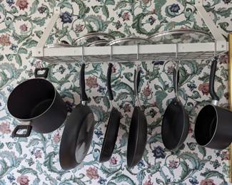 Assorted Pots and Pans (rack not for sale)