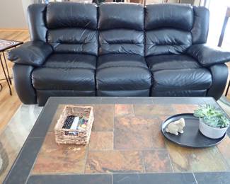 BLACK LEATHER DOUBLE RECLINING SOFA - IRON & SLATE TOP COFFEE TABLE 
