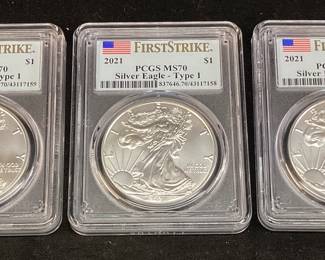 (3) 2021 SILVER AMERICAN EAGLES, TYPE 1 GRADED MS70(3) 2021 SILVER AMERICAN EAGLES, TYPE 1 