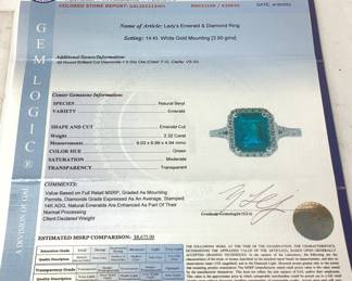14KT WHITE GOLD EMERALD & DIAMOND ring, size 7.5, 2.32CT EMERALD, .33ct DIAMONDS, 3.9g, GAL APPRAISAL $8,675,
