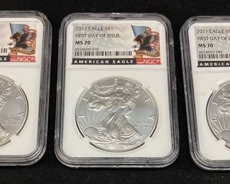 (3) 2017 SILVER AMERICAN EAGLES, 1st DAY ISSUE MS70