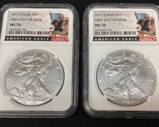 (2) 2017 SILVER AMERICAN EAGLES, MS70 1ST DAY OF ISSUE