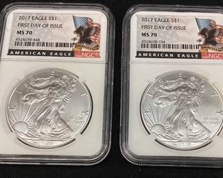 (2) 2017 SILVER AMERICAN EAGLES, MS70 1ST DAY ISSUE
