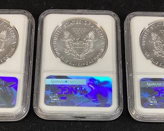 (3) 2017 SILVER AMERICAN EAGLES, 1st DAY ISSUE MS70