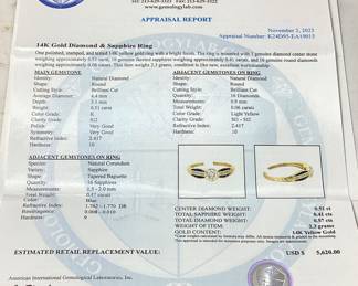 14KT GOLD DIAMOND & SAPPHIRE RING, .51ct DIAMOND, SIZE 7.5, .41ct SAPPHIRES, 2.3g, AIGL APPRAISAL $5,620,