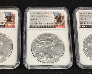 (3) 2017 SILVER AMERICAN EAGLES, MS70 1ST DAY OF ISSUE