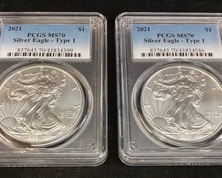 (2) 2021 SILVER AMERICAN EAGLES, MS70 TYPE 1