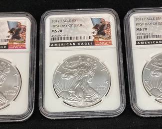 (3) 2017 SILVER AMERICAN EAGLES, MS70, 1ST DAY ISSUE