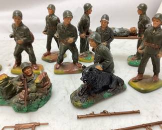 (12) 1950s J H MILLER PLASTER WW2 SOLDIERS WITH ORIGINAL WEAPONS