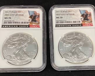 (2) 2017 SILVER AMERICAN EAGLES, MS70 1sT DAY ISSUE