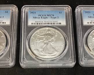 (3) SILVER AMERICAN EAGLES, (2) TYPE 1 & 1 TYPE 2 MS70