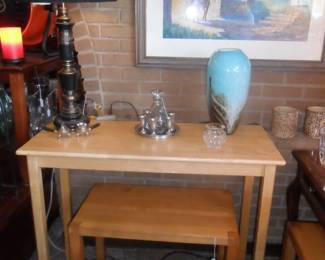 Oak console table and 2 matching wood end tables