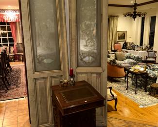 Ship's Captain desk  and four antique doors with deeply etched scenic panels