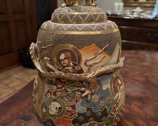 Very large Moriage covered pot with figural lid; unidentified mark