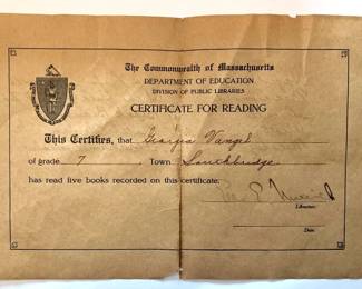 Antique "Certificate for Reading", Southbridge, MA
